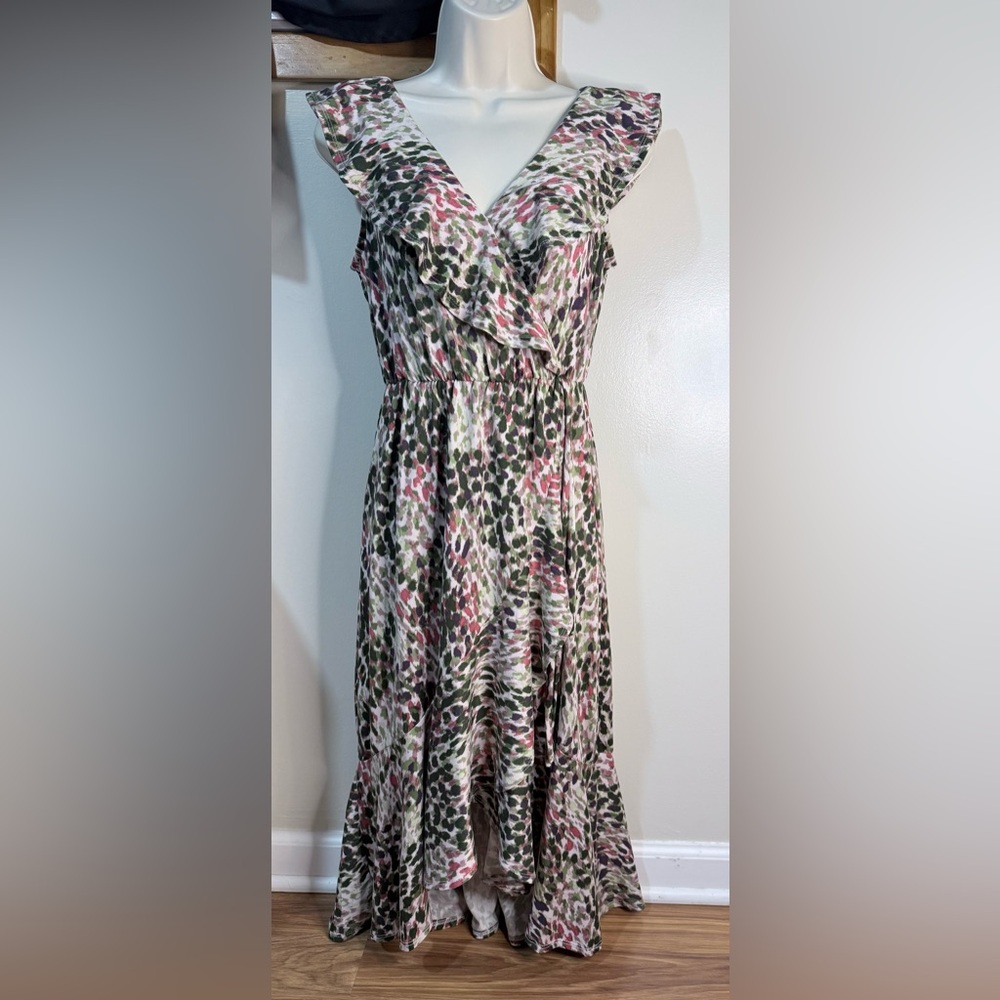 nine britton Green and Pink Floral Ruffle Midi Dress - Picture 3 of 5